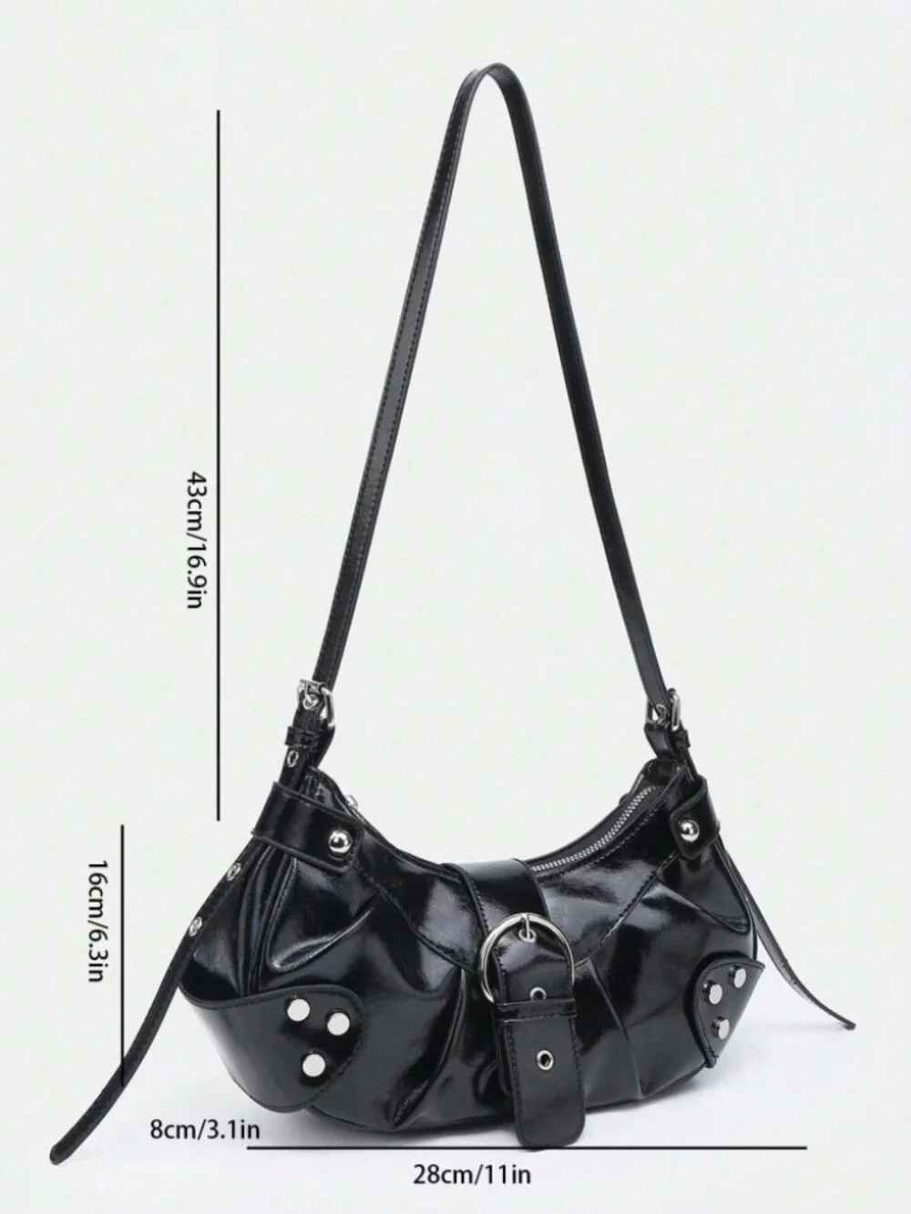 Black Studded Y2K Baguette Bag Vegan Leather Zip Top Handle Purse